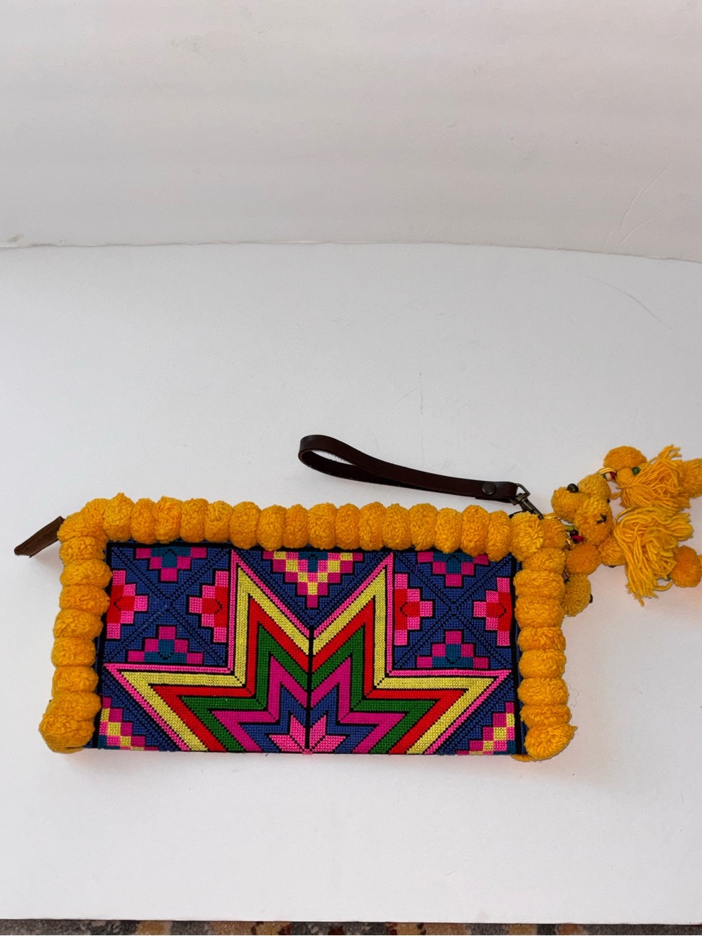 Handcrafted Yellow Pom-Trim Embroidered Clutch Bag from Thailand